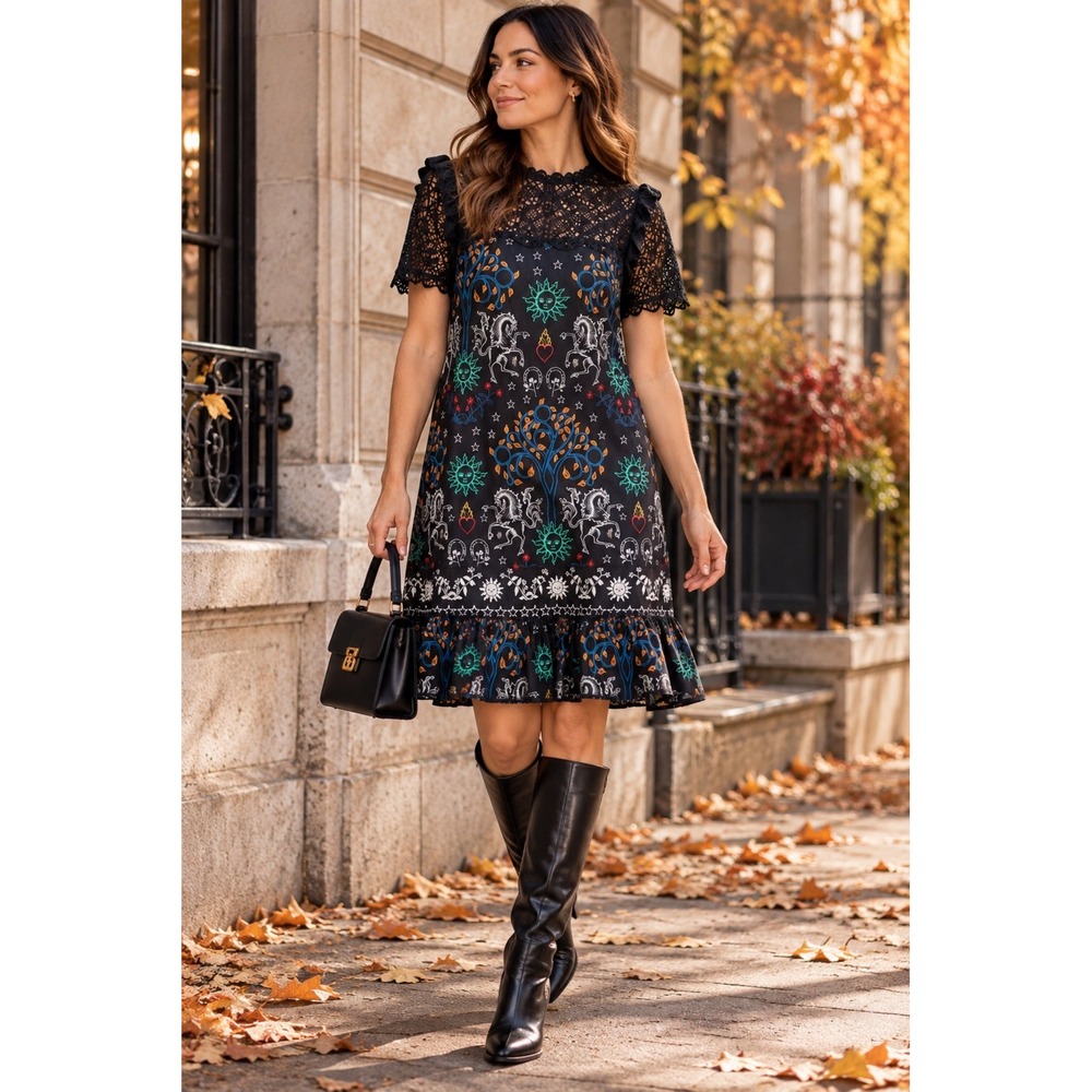 Sandro Royal Lions Zodiac Lace Mini Dress Black FR 36
